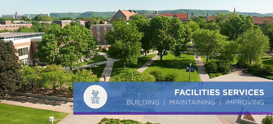 Aerial view of Winona campus. Facilities Services: building, maintaining, improving