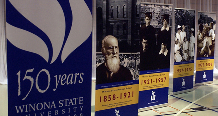 150 year banners lined up on campus