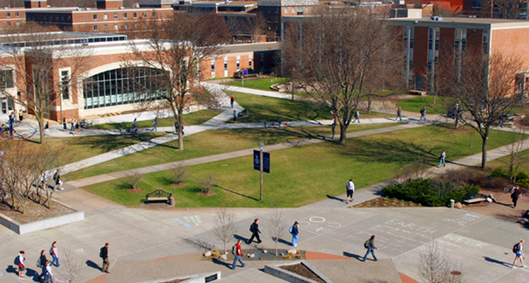 An arial photo of the center of campus, featuring Kryzsko Commons. 