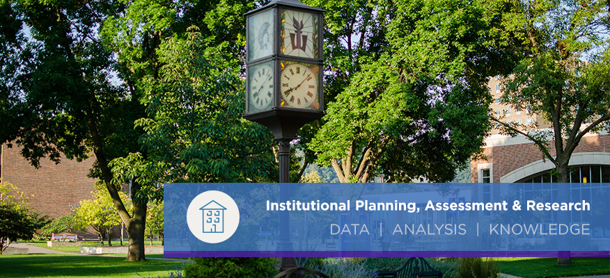 Clock tower on campus. Institutional Planning, Assessment & Research: data, analysis, knowledge