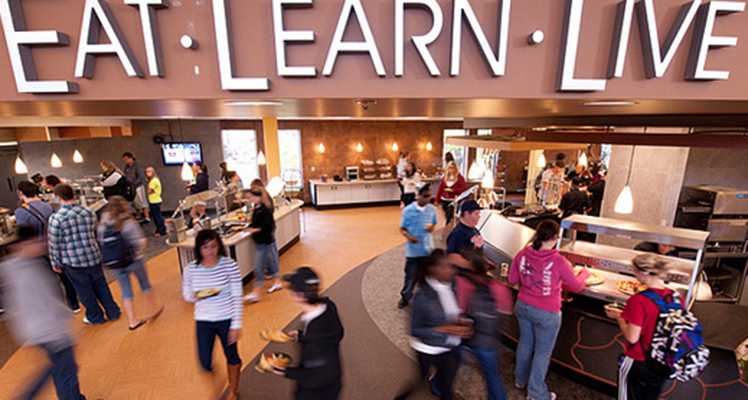 Students eating in the campus cafeteria.
