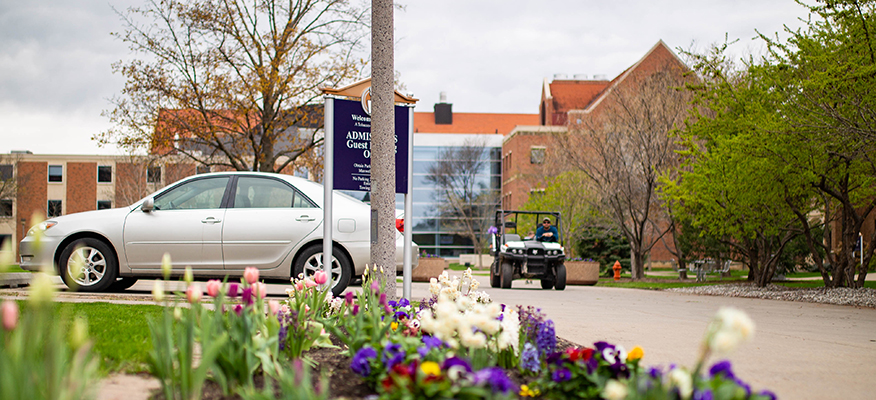 Spring flowers bloom on WSU campus near an Admissions parking area. 