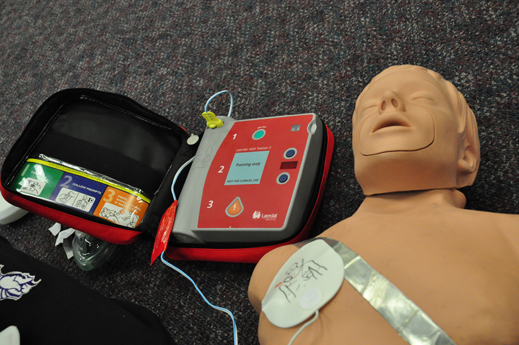 Training equipment used in automated external defibrillator training sessions.