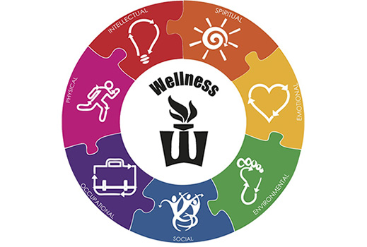 Wellness Wheel -Intellectual, spiritual, emotional, environmental, social, occupational, physical